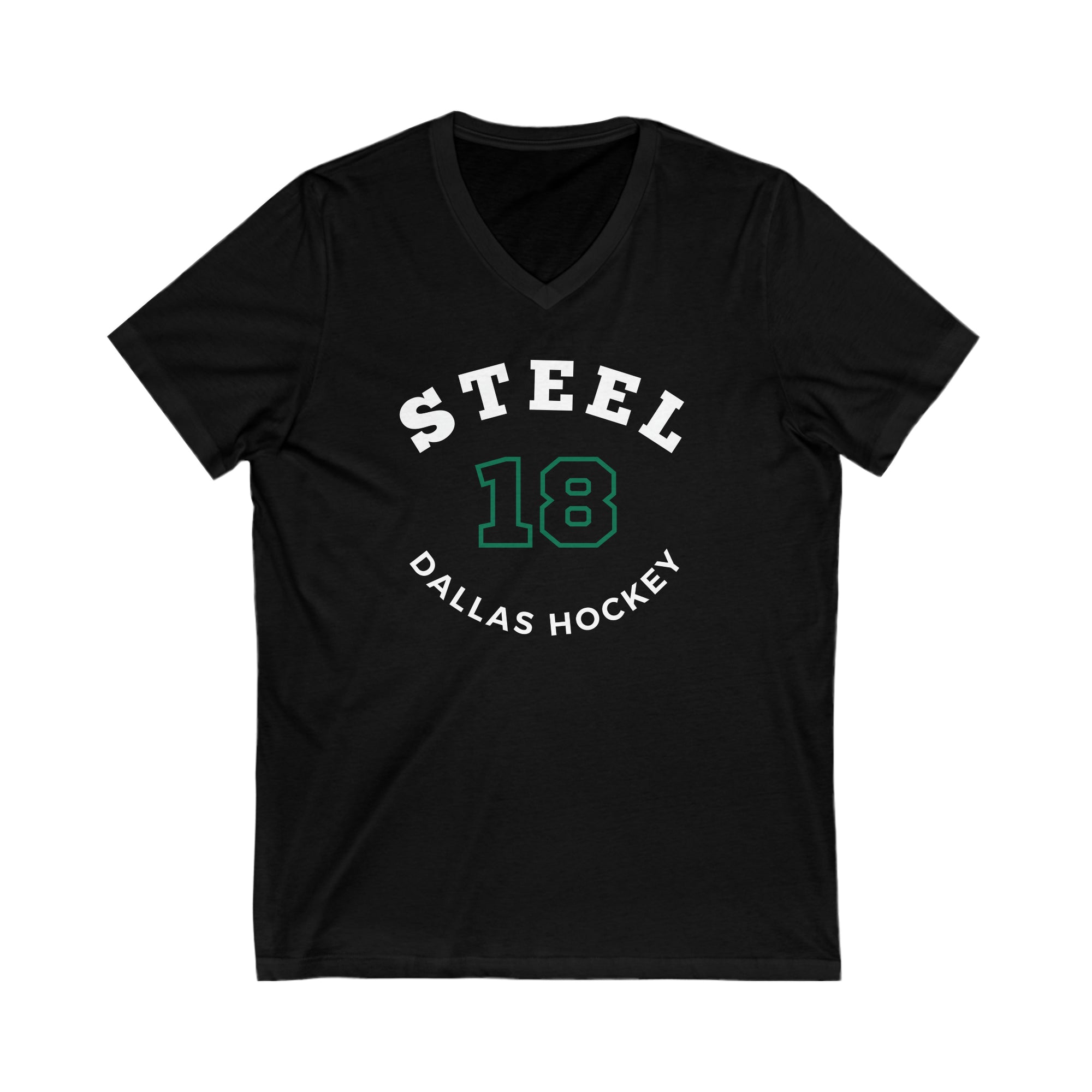 Steel 18 Dallas Hockey Number Arch Design Unisex V-Neck Tee